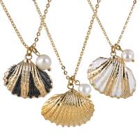 Shell Necklaces Brass with Shell & Freshwater Pearl with 1.97Inch extender chain Fan gold color plated Length Approx 16.93 Inch Sold By PC