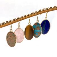 Gemstone Earrings, Pedra natural, with cobre, Oval achatado, cromado de cor dourada, joias de moda, Mais cores pare escolha, 19x35mm, vendido por par