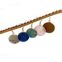 Gemstone Earrings, Pedra natural, with cobre, Roda plana, cromado de cor dourada, joias de moda, Mais cores pare escolha, 26mm, vendido por par