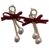Zinc Alloy Drop Earrings with Velour Bowknot gold color plated dyed & for woman & with rhinestone Sold By Pair