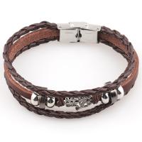 PU Leather Cord Bracelets with Stainless Steel Hamsa silver color plated fashion jewelry coffee color Length 21 cm Sold By PC