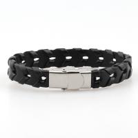 PU Leather Cord Bracelets, stainless steel interlock buckle, silver color plated, fashion jewelry & woven pattern, black, Length:21 cm, Sold By PC