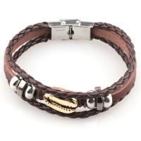 PU Leather Cord Bracelets with Stainless Steel plated fashion jewelry & woven pattern coffee color Length 21 cm Sold By PC