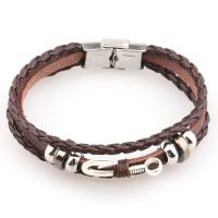 PU Leather Cord Bracelets with Stainless Steel silver color plated fashion jewelry & woven pattern coffee color Length 21 cm Sold By PC