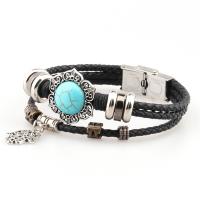 PU Leather Cord Bracelets with turquoise & Stainless Steel plated fashion jewelry Length 21 cm Sold By PC