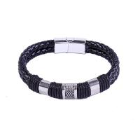 PU Leather Cord Bracelets with Stainless Steel silver color plated fashion jewelry & woven pattern Length 21 cm Sold By PC