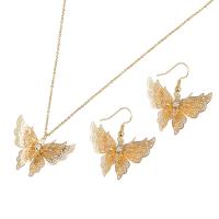 Brass Jewelry Set, earring & necklace, brass earring hook, with 1.97Inch extender chain, Butterfly, for woman & with rhinestone, golden, 35x21mm,39x38mm, Length:Approx 14.96 Inch, Sold By Set