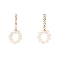 Freshwater Pearl Earrings Brass with Freshwater Pearl Donut real gold plated micro pave cubic zirconia & for woman white Sold By Pair