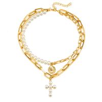 Mode-Multi-Layer-Halskette, Zinklegierung, mit Kunststoff Perlen, mit Verlängerungskettchen von 1.97inch, goldfarben plattiert, Doppelschicht & Modeschmuck & für Frau, frei von Nickel, Blei & Kadmium, Länge:ca. 15.75 ZollInch, verkauft von PC