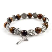 Tiger Eye Pray Beads Bracelet with Zinc Alloy Crucifix Cross Unisex 9mm 23*12mm 10*10mm Length Approx 6.3 Inch Sold By PC