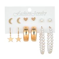 Iron Earring Set, Stud Earring & earring, with ABS Plastic Pearl & Tibetan Style, gold color plated, vintage & for woman, mixed colors, nickel, lead & cadmium free, 27mm,29mm,51mm, Approx 6Pairs/Bag, Sold By Bag