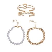 Iron Bracelet Set, bangle & bracelet, with ABS Plastic Pearl, with 1.97Inch extender chain, gold color plated, for woman, mixed colors, nickel, lead & cadmium free, Length:Approx 7.09 Inch, Approx 7.48 Inch, Approx 4PCs/Set, Sold By Set