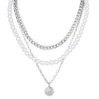 Mode-Multi-Layer-Halskette, Edelstahl, mit ABS-Kunststoff-Perlen, mit Verlängerungskettchen von 1.97Inch, silberfarben plattiert, mehrschichtig & für Frau, gemischte Farben, 15x18mm, Länge:ca. 19.69 ZollInch, ca. 18.9 ZollInch, ca. 16.14 ZollInch, verkauft von PC