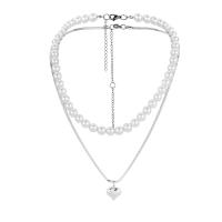 Multi Layer Necklace, Stainless Steel, with ABS Plastic Pearl, with 3.94Inch,1.97Inch extender chain, silver color plated, Double Layer & for woman, mixed colors, 16x20mm, Length:Approx 19.69 Inch, Approx 17.72 Inch, Sold By PC