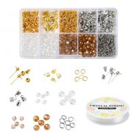 Glass Beads DIY Bracelet Set Elastic Thread & Stud Earring & beads with Brass & Iron & Zinc Alloy plated mixed colors Sold By Box