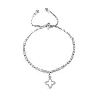 Tibetan Style Bracelet, Flower, platinum color plated, for woman & with rhinestone & hollow, nickel, lead & cadmium free, 14mm, Length:Approx 4-8.6 Inch, Sold By PC