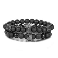 Gemstone Bracelets, Lava, with Black Agate, Crown, Unisex & different styles for choice & micro pave cubic zirconia, 8mm, 14mm, Length:Approx 7.3-7.6 Inch, Sold By PC