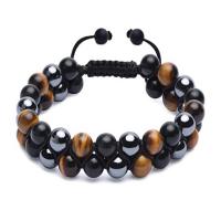 Gemstone Woven Ball Bracelets Tiger Eye with Obsidian & Taiwan Thread & Hematite Round Double Layer & Unisex 8mm Length Approx 5.9-8 Inch Sold By PC