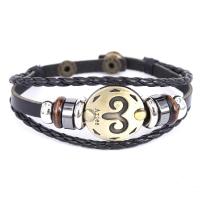 PU Leather Cord Bracelets with Zinc Alloy 12 Signs of the Zodiac Unisex Length Approx 9 Inch Sold By PC