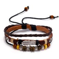 Full Grain Cowhide Leather Bracelet, with Wax Cord & Wood & Tibetan Style, handmade, Adjustable & Unisex, more colors for choice, Length:Approx 6.69 Inch, Sold By PC