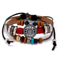 Full Grain Cowhide Leather Bracelet, with Wax Cord & Hematite & Wood & Copper Coated Plastic & Tibetan Style, handmade, Adjustable & Unisex, more colors for choice, 6mm, Length:Approx 6.69 Inch, Sold By PC