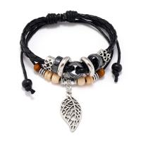Full Grain Cowhide Leather Bracelet, with PU Leather & Wax Cord & Hematite & Wood & Copper Coated Plastic & Tibetan Style, handmade, Adjustable & Unisex, more colors for choice, Length:Approx 6.69 Inch, Sold By PC
