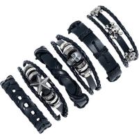 Cowhide Bracelet with PU Leather & Wax Cord & Copper Coated Plastic & Zinc Alloy handmade 6 pieces & Unisex black Length Approx 17-18 cm Sold By Set