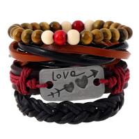 Cowhide Bracelet, with Linen & Wood & Tibetan Style, handmade, 4 pieces & Unisex, Length:Approx 17-18 cm, Sold By Set