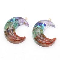 Gemstone Pendants Jewelry, Resin, with Gemstone & Iron, Moon, gold color plated, Unisex, mixed colors, 33x45mm, Sold By PC