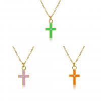 Brass Necklace with 1.97 extender chain Cross high quality plated fashion jewelry & for woman & enamel & with cubic zirconia Length 15.75 Inch Sold By PC