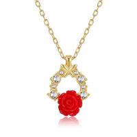 Tibetan Style Jewelry Necklace, with Resin, with 1.97 extender chain, plated, fashion jewelry & micro pave cubic zirconia & for woman, red, 22x16mm, Length:15.75 Inch, Sold By PC