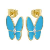 Brass Stud Earring Butterfly gold color plated fashion jewelry & micro pave cubic zirconia & enamel Sold By Pair
