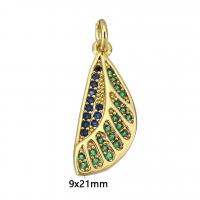 Cubic Zirconia Micro Pave Brass Pendant, Leaf, gold color plated, micro pave cubic zirconia, 9x21x2mm, Hole:Approx 2mm, Sold By PC
