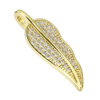 Cubic Zirconia Micro Pave Brass Pendant, Feather, gold color plated, micro pave cubic zirconia, 8x26x6mm, Hole:Approx 4mm, Sold By PC