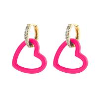 Huggie Hoop Drop Earring, Brass, Heart, painted, fashion jewelry & micro pave cubic zirconia, more colors for choice, 28x20mm, Sold By Pair