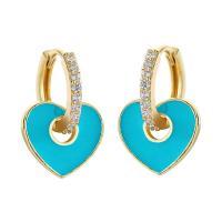 Huggie Hoop Drop Earring, Brass, Heart, gold color plated, fashion jewelry & micro pave cubic zirconia & enamel, more colors for choice, 21x13mm, Sold By Pair