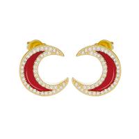 Boucles d'oreilles en laiton zircon cubique pavent, lune, Placage de couleur d'or, bijoux de mode & pavé de micro zircon & émail, plus de couleurs à choisir, 13x14.20mm, Vendu par paire