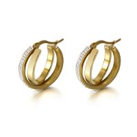 Titanium Steel Hoop Earring, Donut, plated, Double Layer & for woman & with rhinestone, more colors for choice, 25x9mm, Sold By Pair