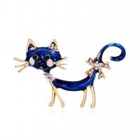 Tibetan Style Brooches, Cat, gold color plated, enamel & with rhinestone, blue, nickel, lead & cadmium free, 43x28mm, Sold By PC