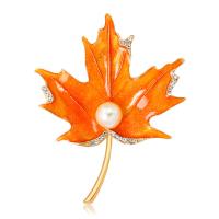 Zinc Alloy Brooches with Plastic Pearl Maple Leaf gold color plated enamel & with rhinestone nickel lead & cadmium free Sold By PC