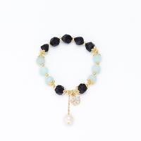 laiton bracelet, avec Grès bleu & aigue-marine & perle de plastique, Placage de couleur d'or, pavé de micro zircon & pour femme, bleu, Longueur:Environ 5.9 pouce, Vendu par PC