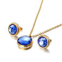 Titanium Steel Jewelry Set Stud Earring & necklace with Glass Round gold color plated micro pave cubic zirconia & for woman & faceted 16mm 18mm Length Approx 17.72 Inch Sold By Set