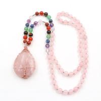 Rose Quartz Sweater Necklace with Natural Stone & Iron Teardrop rose gold color plated for woman mixed colors Length Approx 27.56 Inch Sold By PC