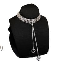 Messing Halskæde, med 5.9inch extender kæde, Heart, sølvfarvet forgyldt, for kvinde & med rhinestone & hule, nikkel, bly & cadmium fri, 115-150mm, 18mm, Længde Ca. 11.8 inch, Solgt af PC