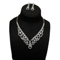 Brass Jewelry Set, earring & necklace, with 5.9inch extender chain, plated, 2 pieces & for woman & with rhinestone & hollow, silver color, nickel, lead & cadmium free, 45x13mm, Length:Approx 12.6 Inch, Sold By Set
