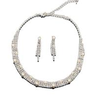 Rhinestone Jewelry Sets, earring & necklace, Brass, with Plastic Pearl, with 3.9inch extender chain, silver color plated, 2 pieces & for woman & with rhinestone, nickel, lead & cadmium free, 43x7mm, Length:Approx 13.7 Inch, Sold By Set