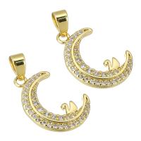 Cubic Zirconia Micro Pave Brass Pendant, Moon, gold color plated, micro pave cubic zirconia, 11x16x4mm, Hole:Approx 3mm, Sold By PC