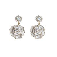 Zinc Alloy Drop Earrings with Plastic Pearl Flower gold color plated micro pave cubic zirconia & for woman Sold By Lot