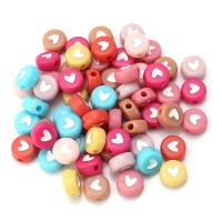 Perle acrylique, Plat rond, Placage, avec le motif de coeur, multicolore, 7x3.60mm, 500PC/sac, Vendu par sac