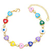 Evil Eye Jewelry Bracelet Brass with 1.97 extender chain Heart gold color plated micro pave cubic zirconia & enamel nickel lead & cadmium free Length 7.20 Inch Sold By PC